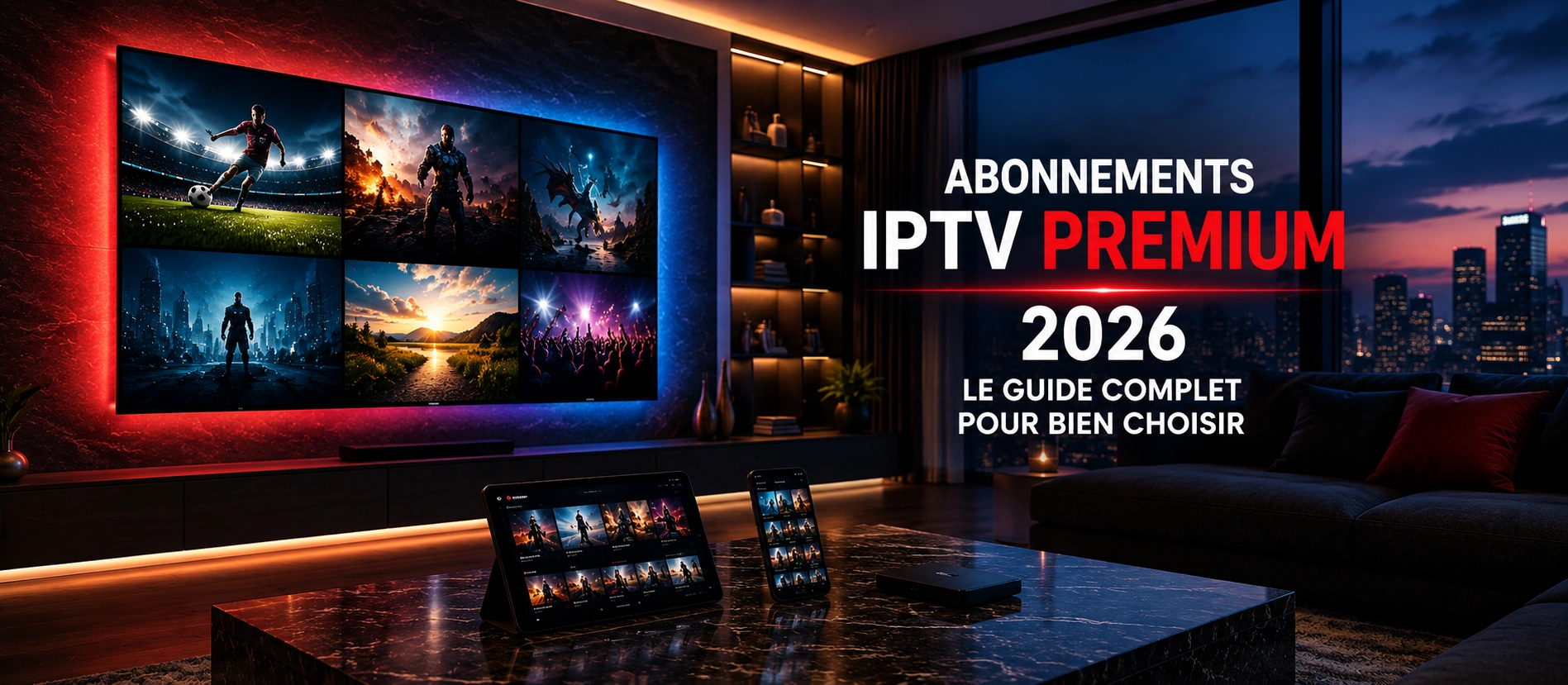 Abonnements IPTV Premium 2026 sur Smart TV 4K dans un salon moderne haut de gamme.