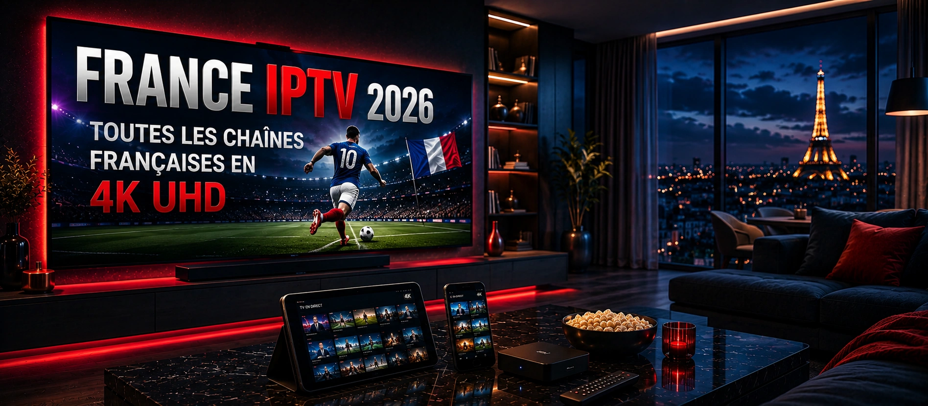 France IPTV 2026 affichant toutes les chaînes françaises en 4K UHD sur Smart TV, avec Fire Stick, Android TV et smartphone.