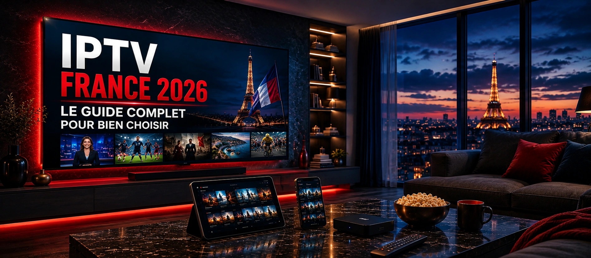 IPTV France 2026 sur Smart TV 4K dans un salon moderne, avec smartphone et Android TV pour le streaming des chaînes françaises.
