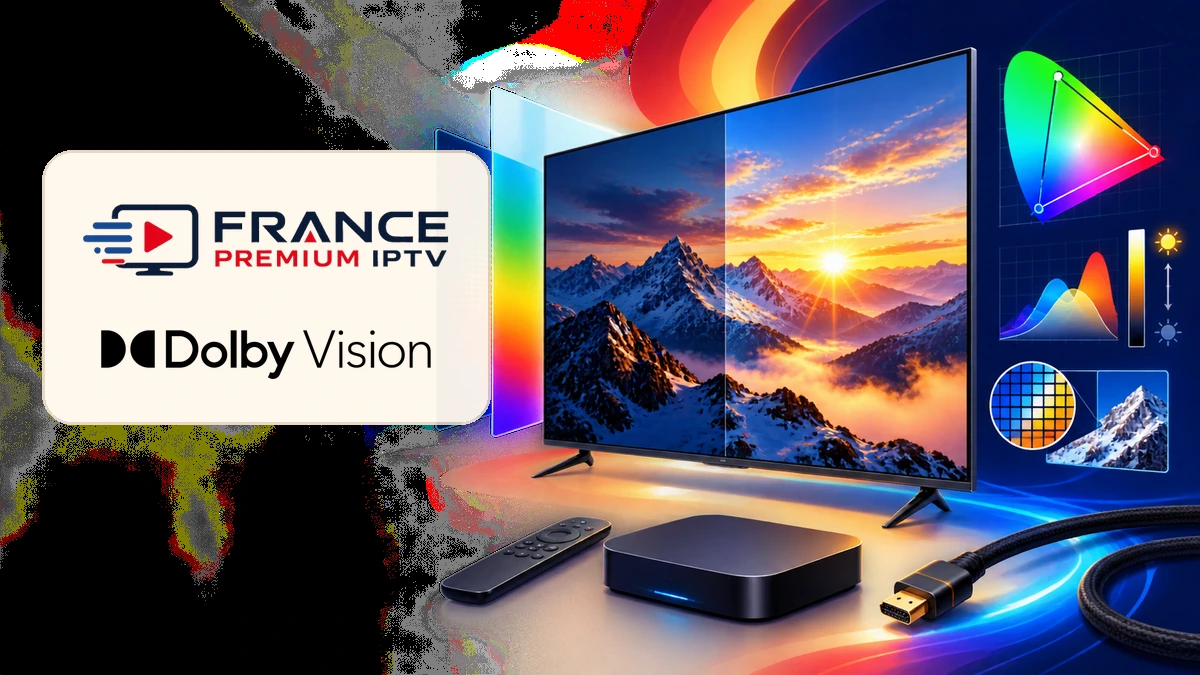 Abonnement IPTV 4K HDR en 2026 avec téléviseur, logos transparents France Premium TV et Dolby Vision entièrement visibles dans la zone anti-recadrage