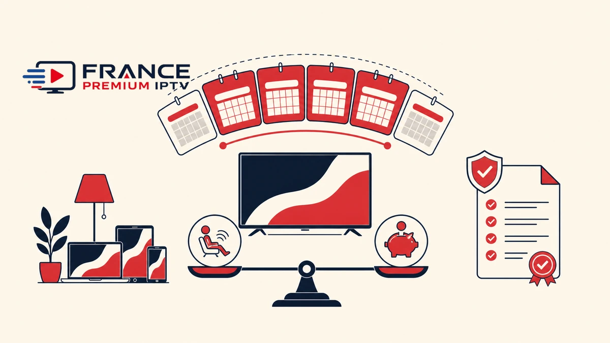 Abonnement IPTV 6 mois 2026 avec calendriers semestriels, balance et logo France Premium TV transparent entièrement visible