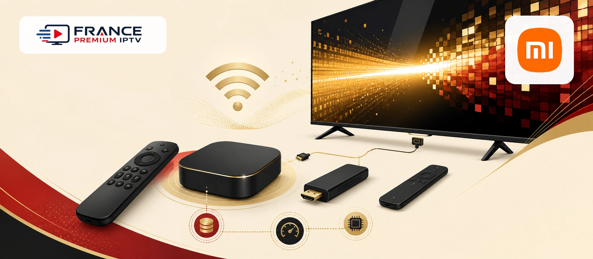 Boîtier IPTV Xiaomi 2026 avec TV Box S, TV Stick 4K, télécommandes, Wi-Fi, logo France Premium IPTV et logo officiel Xiaomi entièrement visibles