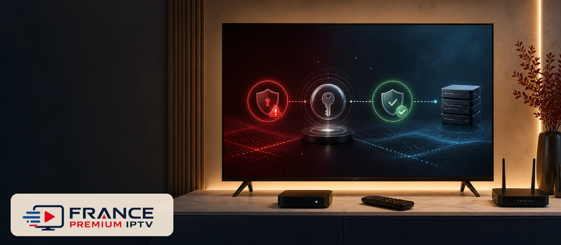 Erreur authentification IPTV avec clé, bouclier, serveur, diagnostic rouge et vert, routeur, boîtier et logo France Premium IPTV entièrement visible