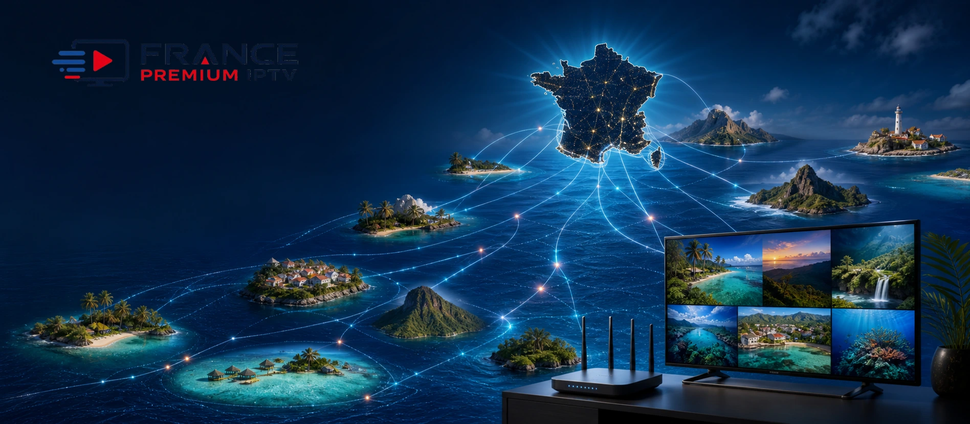 IPTV France DOM-TOM avec territoires ultramarins, liaisons réseau, télévision, routeur et logo France Premium IPTV entièrement visible sans recadrage