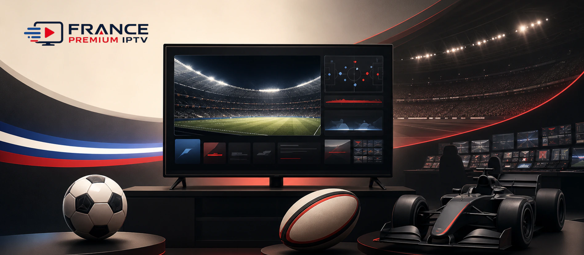 IPTV France sport 2026 avec télévision, football, rugby, sport automobile et logo France Premium IPTV entièrement visible