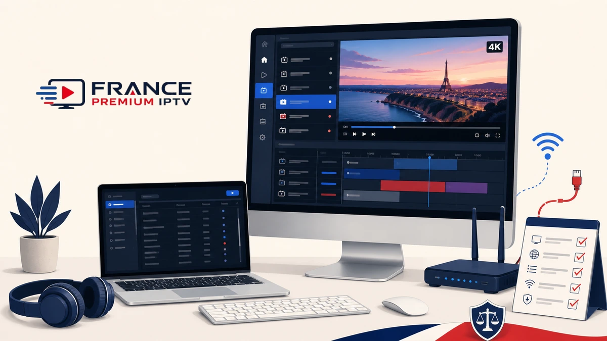 IPTV sur Mac en 2026 avec ordinateur Apple, lecteur multimédia, réseau et écran externe