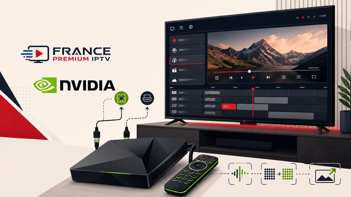 Nvidia Shield IPTV 2026 avec logos France Premium TV et NVIDIA entièrement visibles
